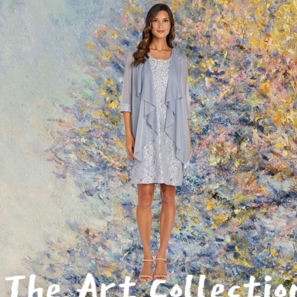 R&M Richards Gray Lace Dress with Sheer Detail
